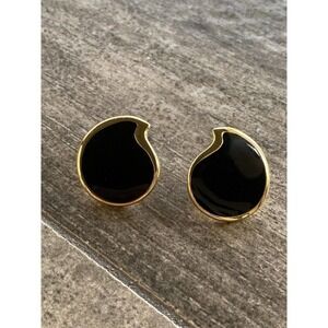 BERGERE Earrings Vintage Black Enamel Gold Tone Signed